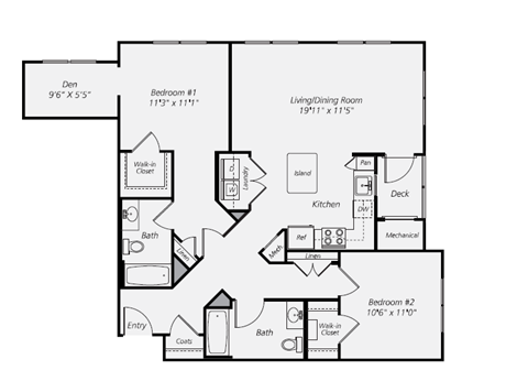 Floor plan for 2 beds, 2 baths, 1125 sqft